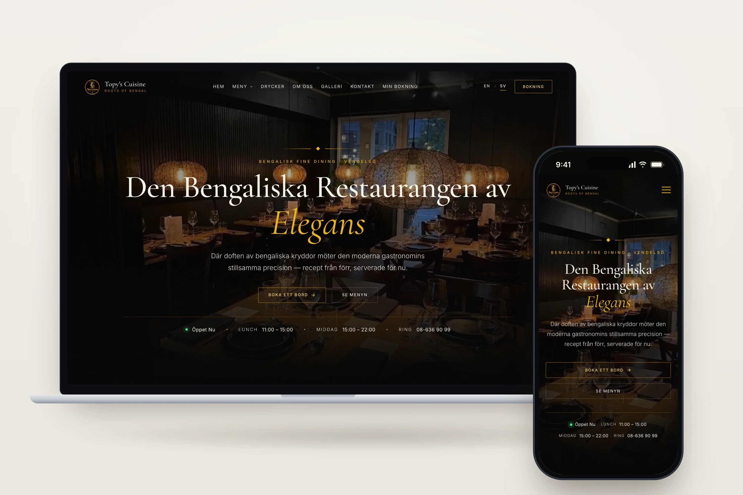 Topy's Cuisine restaurant website with table booking on a laptop and a phone