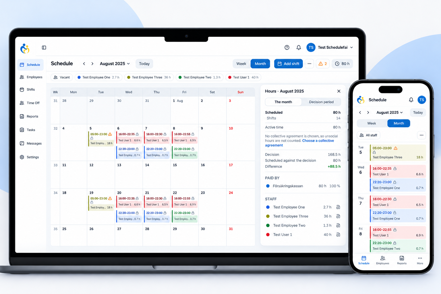 SjälvAssistans, the personal assistance management system, on a laptop and a phone: the August schedule with hours against the decision and the staff list