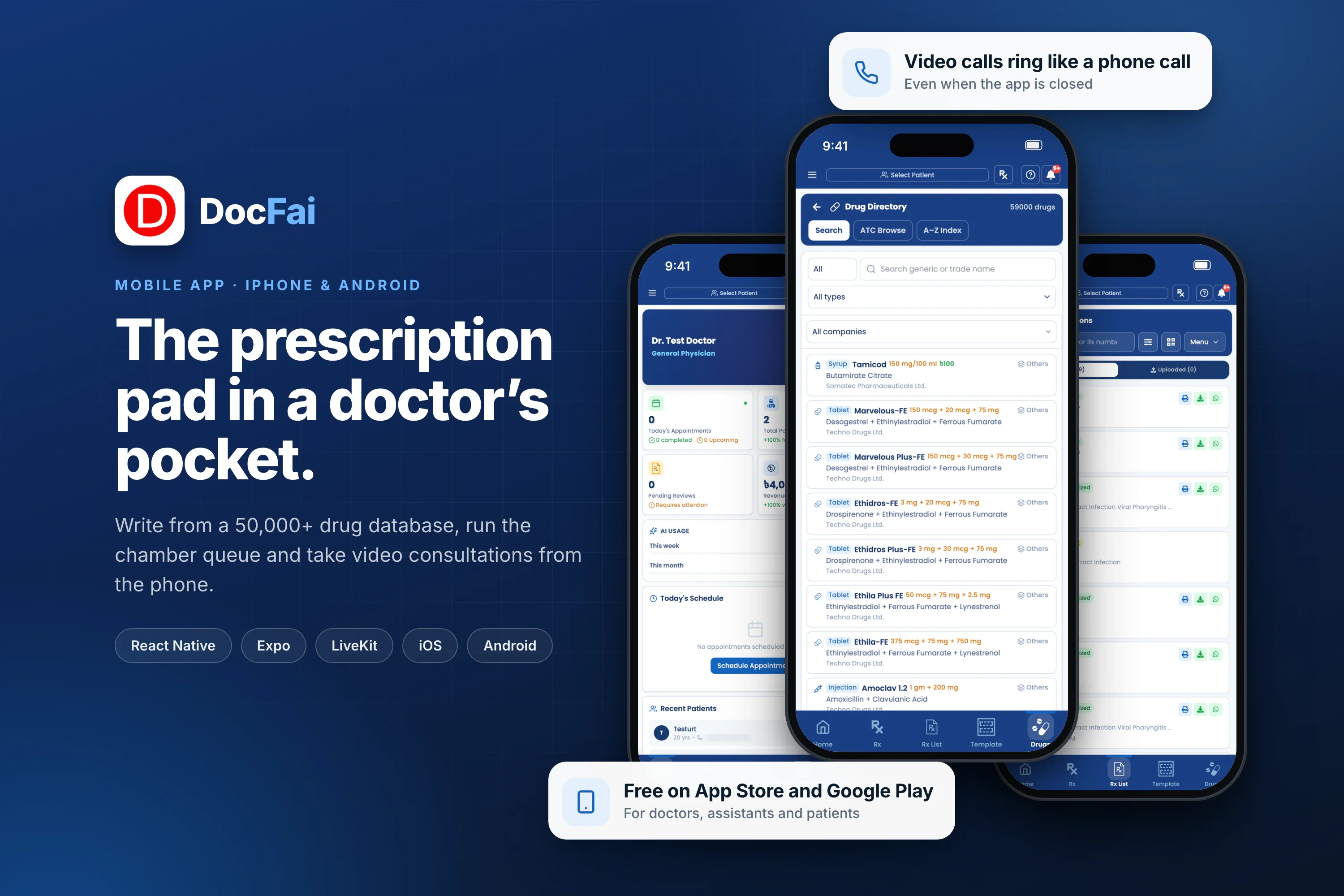 DocFai, a prescription app for doctors, on three iPhones with the drug directory, dashboard and prescription list