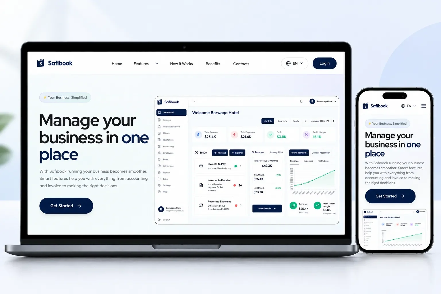 SafiBook, the business accounting platform, on a laptop and a phone: the landing page and a dashboard with revenue, expenses and invoices to pay