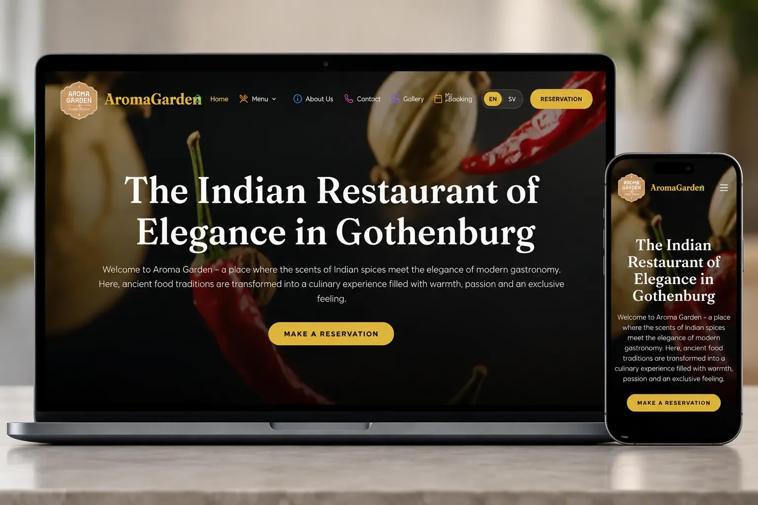 Aroma Garden's restaurant menu and booking system on a laptop and a phone: the hero reads The Indian Restaurant of Elegance in Gothenburg