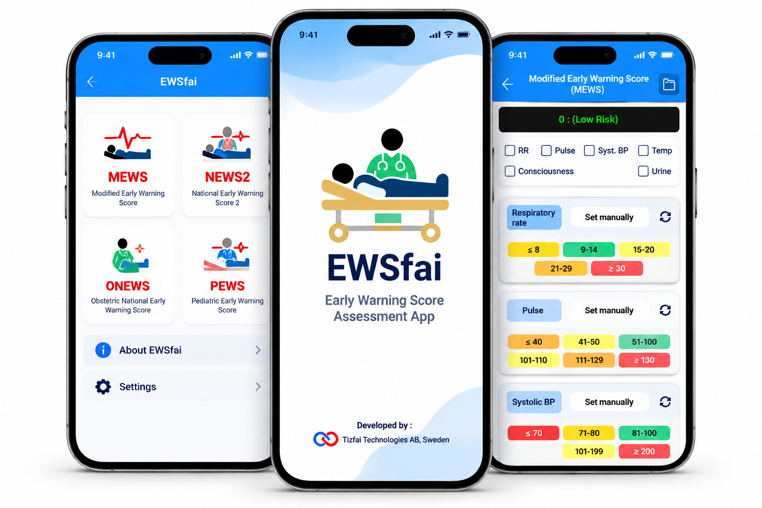 EWSfai, the early warning score app, on three iPhones: MEWS, NEWS2, ONEWS and PEWS, the start screen and a MEWS assessment