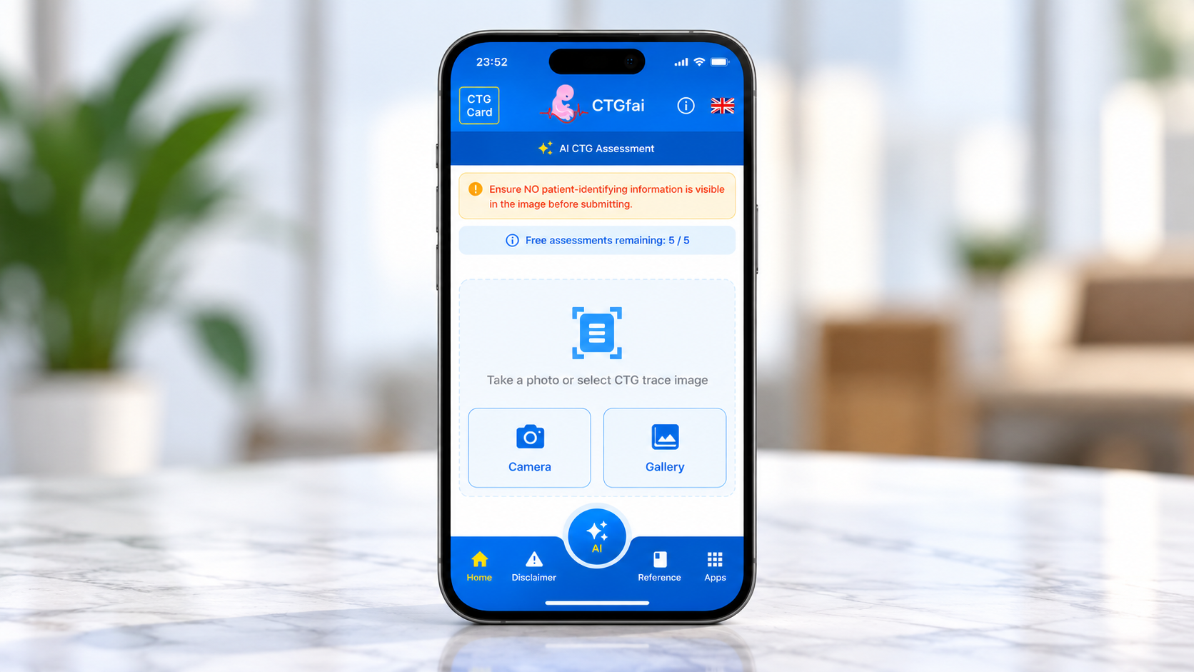 CTGfai, the CTG interpretation app, on an iPhone: the AI CTG assessment screen with camera and gallery buttons