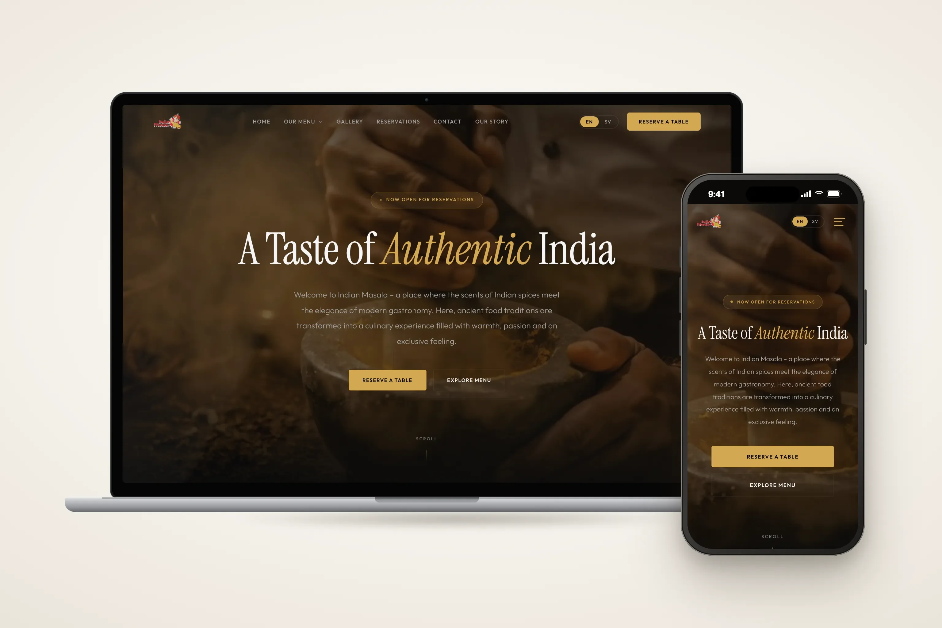 Indian Masala's Indian restaurant website on a laptop and a phone: the hero reads A Taste of Authentic India, with Reserve a table and Explore menu buttons