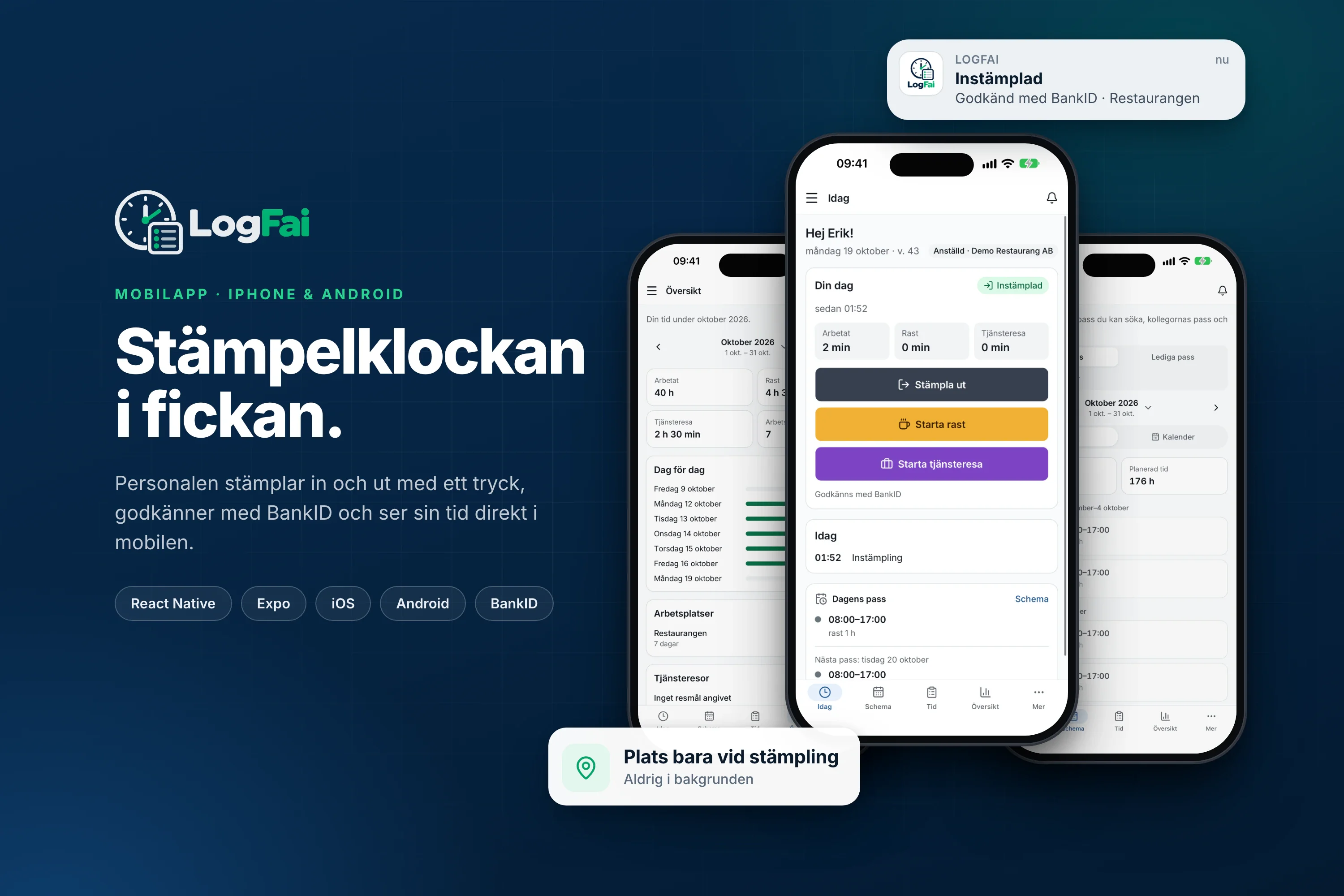 The LogFai app for iPhone and Android: clock in with one tap and approve with BankID