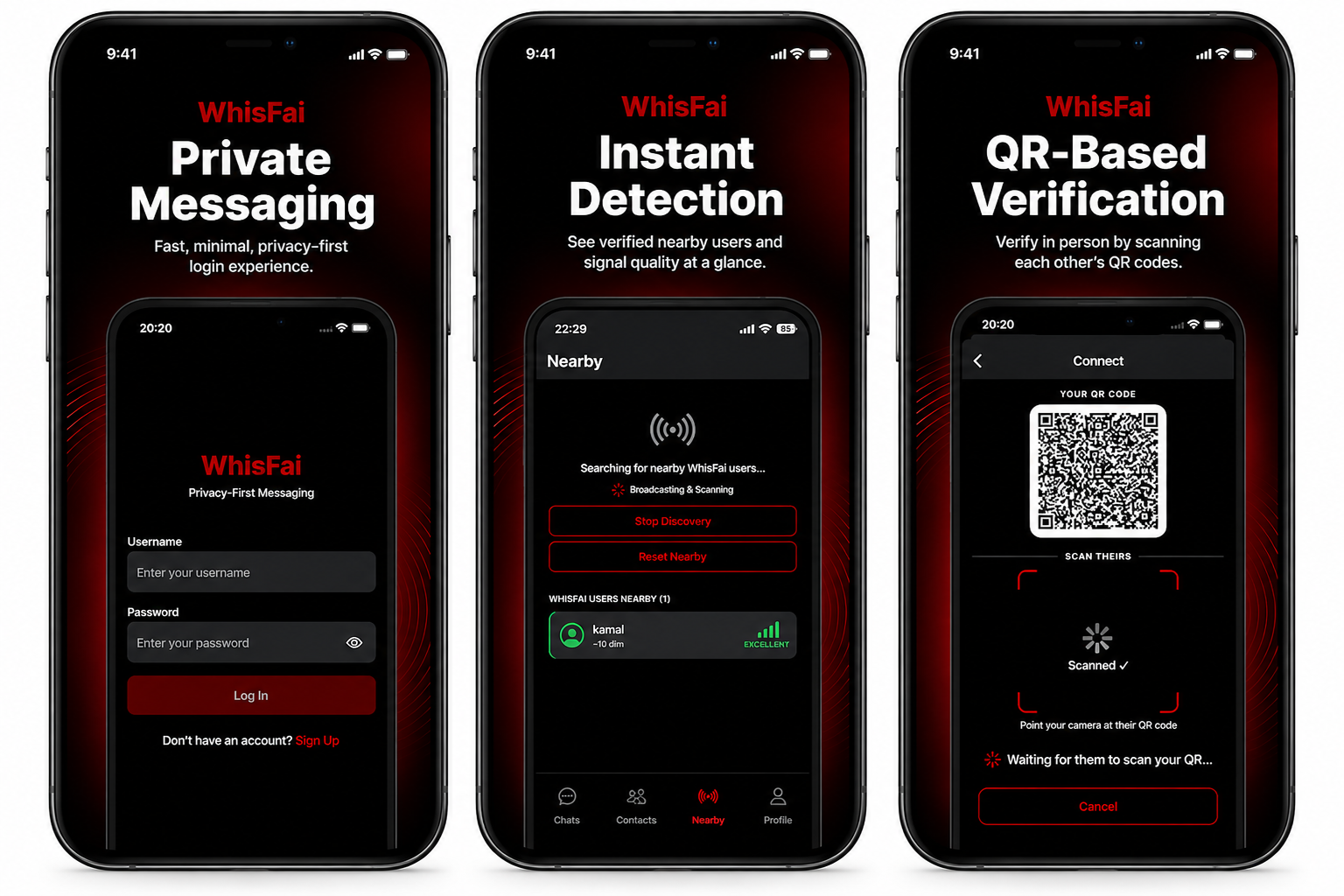 WhisFai, the privacy-focused messaging app, on three iPhones: private messaging login, nearby users found over Bluetooth, and QR-based verification