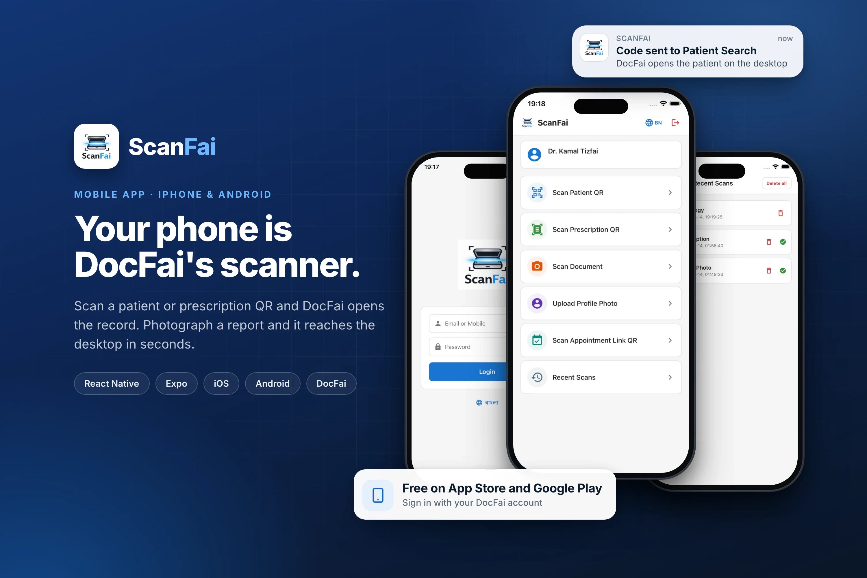 ScanFai, the QR patient lookup app for DocFai, on three iPhones