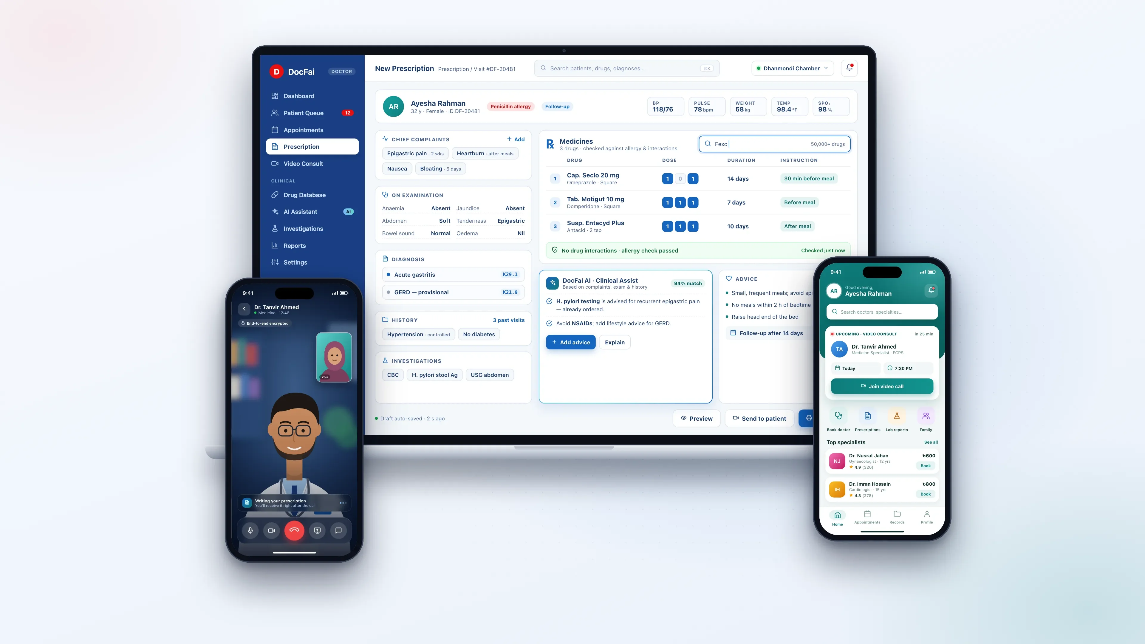 DocFai, the digital healthcare ecosystem, on a laptop and two phones: a new prescription with AI clinical assist, a video consultation and the patient app