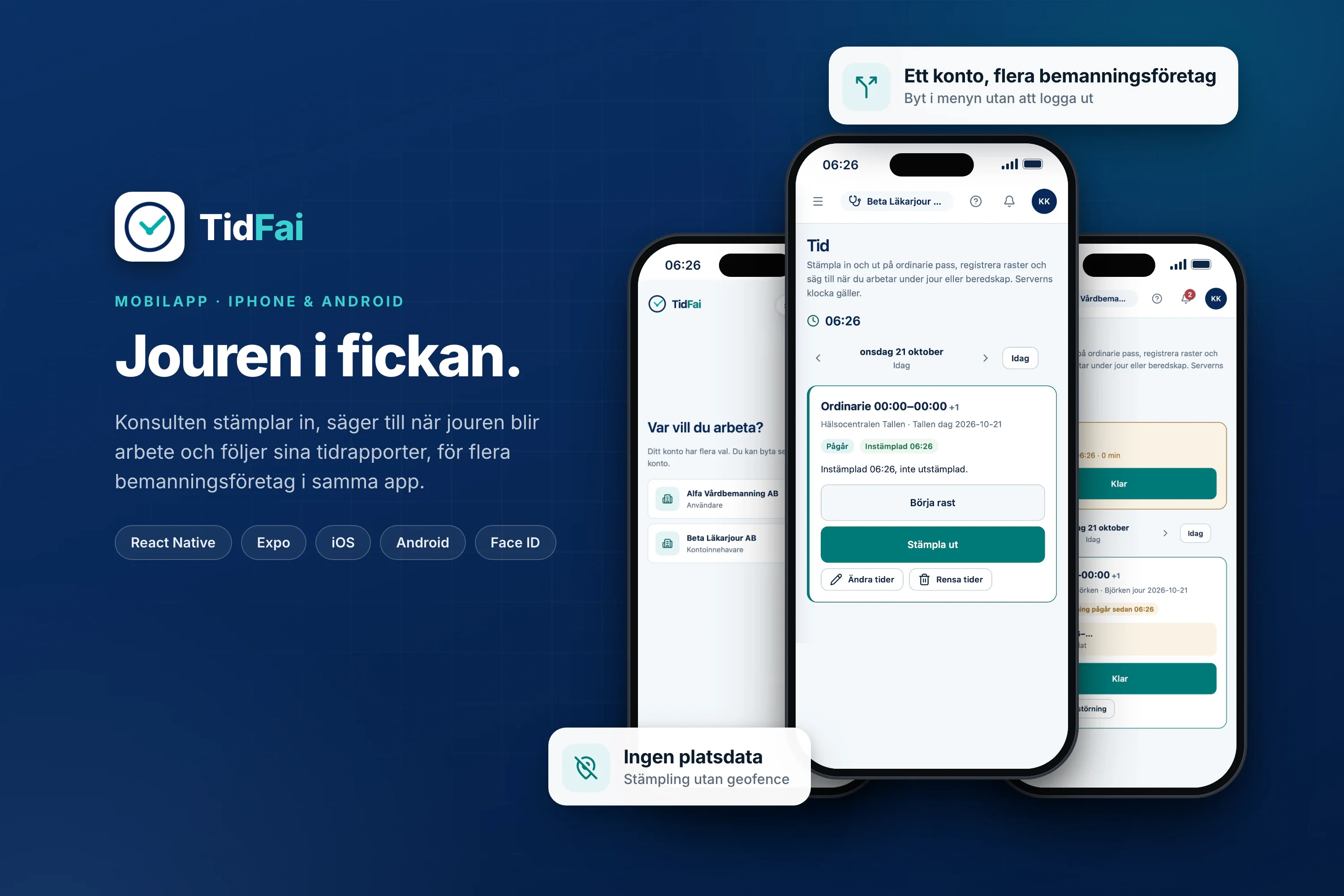The TidFai app, a time report app for locum doctors, on three iPhones