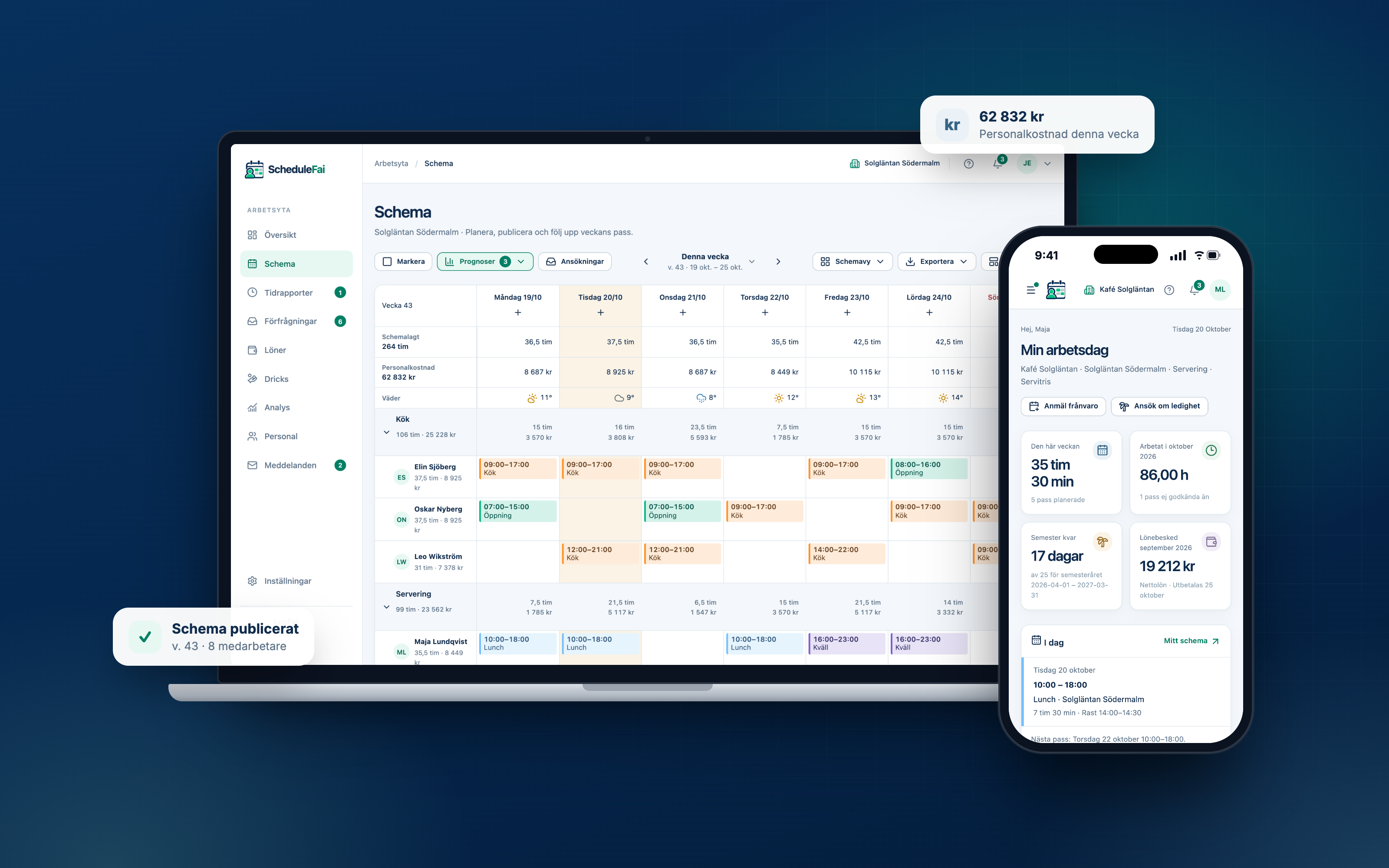 ScheduleFai, staff scheduling and payroll in one system, on a laptop and a phone: the week schedule with hours and staff cost per day, and the staff app's My workday